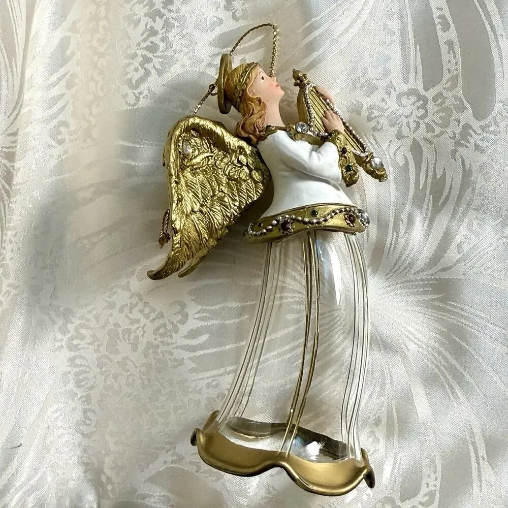 VTG Christmas Harp Angel Holiday Tree Ornament Clear Glass Flute Bell Skirt 4”